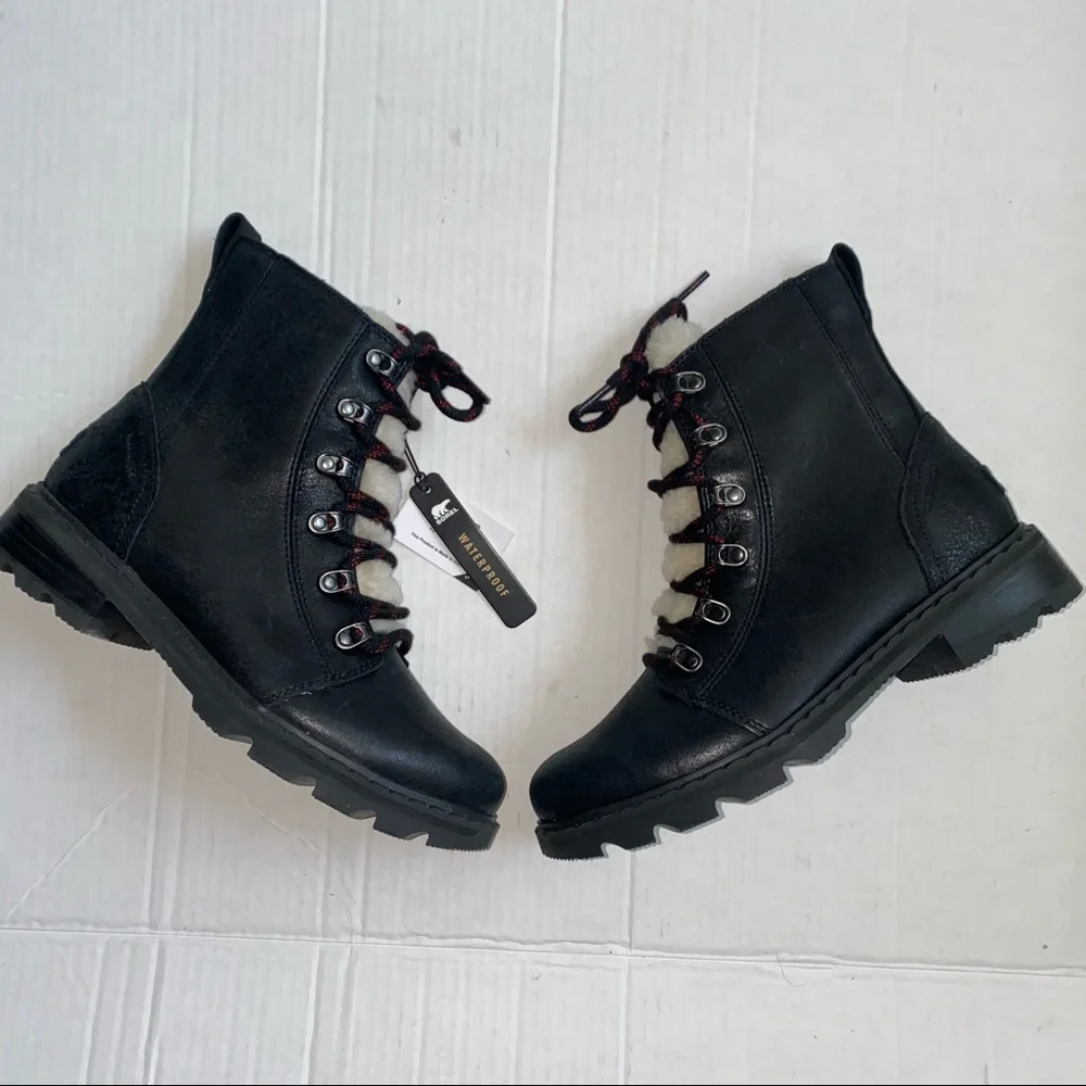 Sorel Lennox Genuine Shearling Trim Waterproof Lace Up Boot NWT